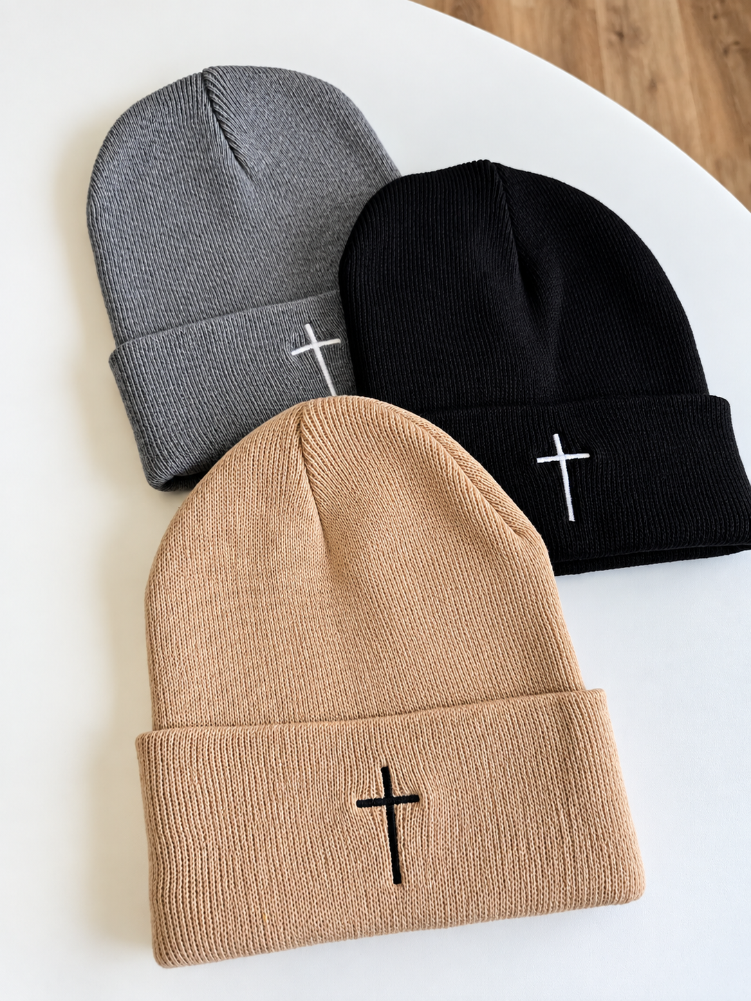 Embroidered Cross Knit Beanie | Christian Faith Hat