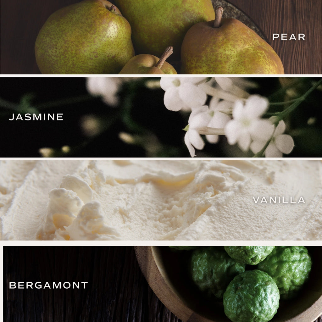 Collage of pears, jasmine flowers, vanilla ice cream, and bergamot fruits with labels.