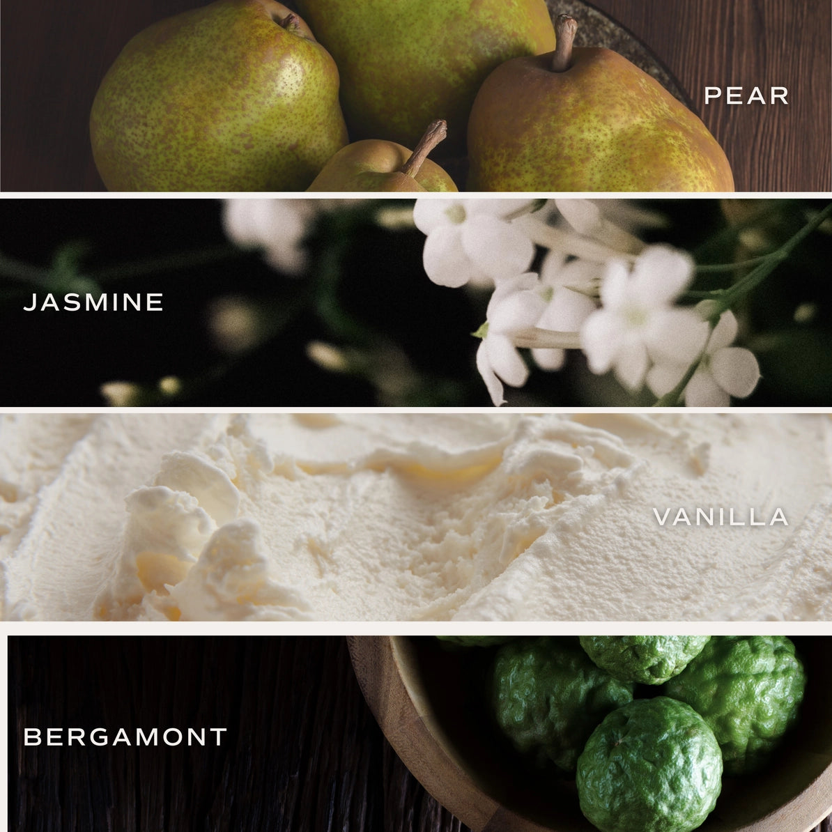 Collage of pears, jasmine flowers, vanilla ice cream, and bergamot fruits with labels.