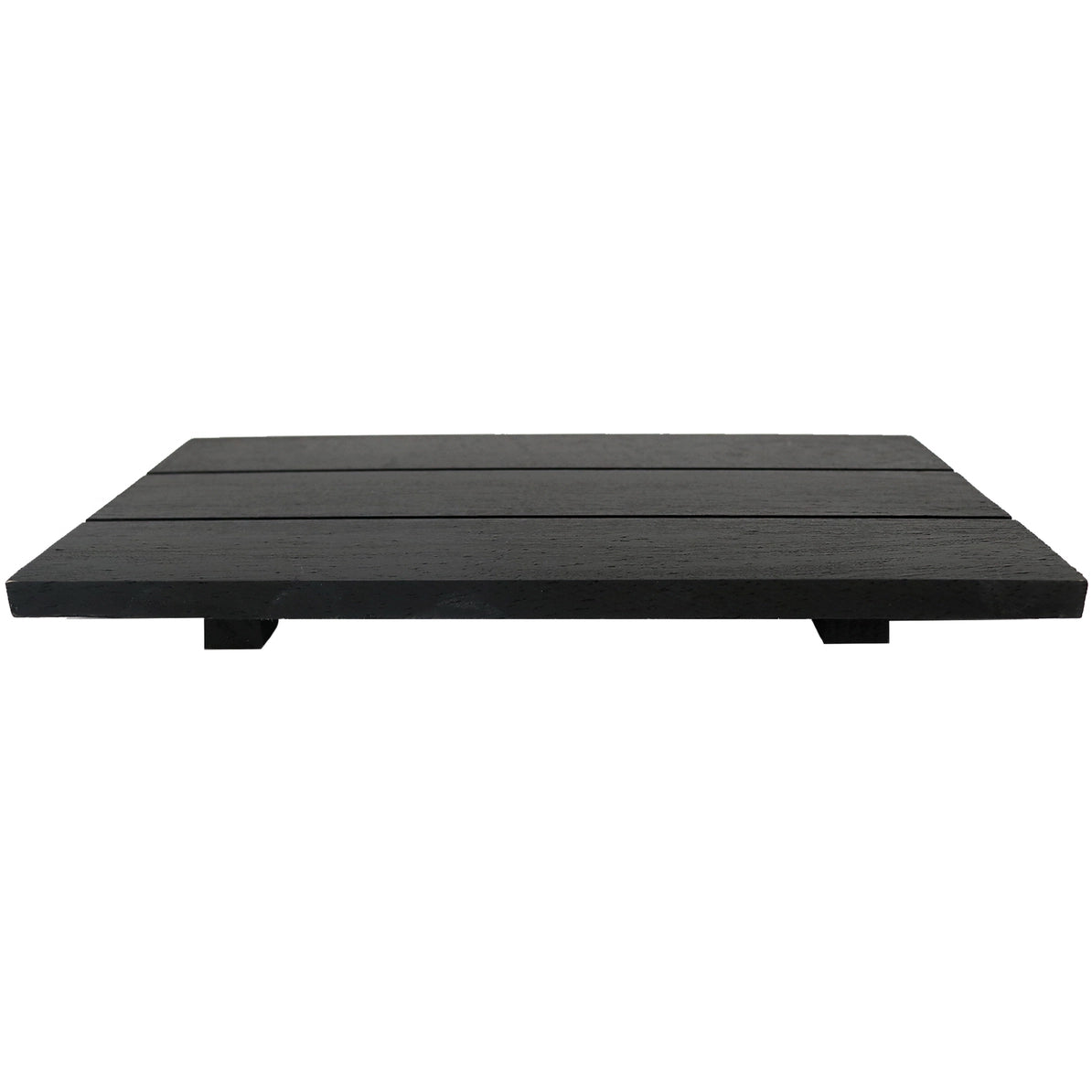 A rectangular black composite deck mat made of five horizontal slats, shown from a low angle against a plain white background.
