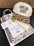 Encouragement Gift Bundle - Love Like Jesus hat, floral notebooks, thinking of you card, pens and leopard print tote bag