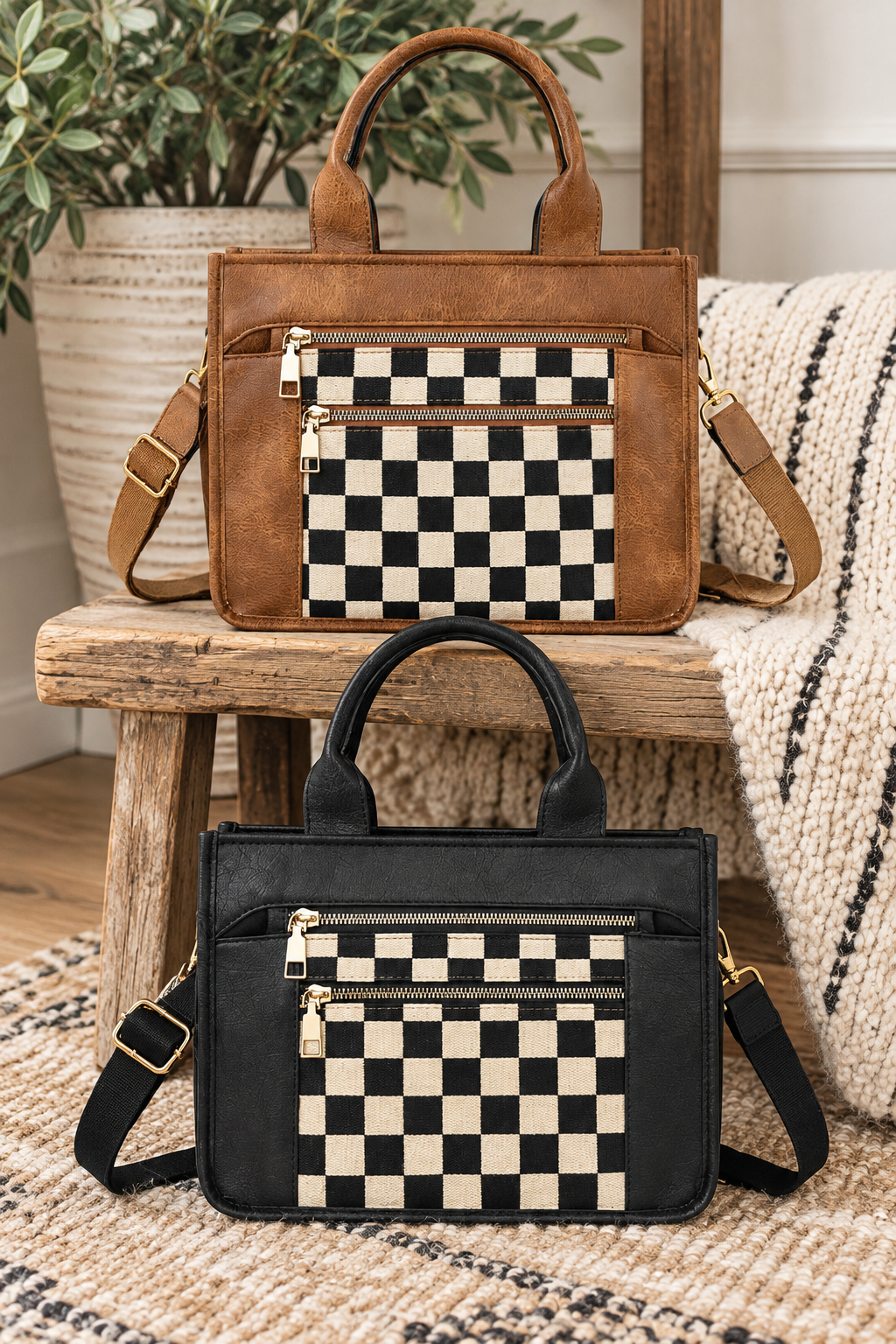 Two structured handbags with a black-and-cream checkerboard front panel are displayed on a rustic wooden stool in a cozy indoor setting. The top bag is medium brown leather, and the bottom bag is black leather.