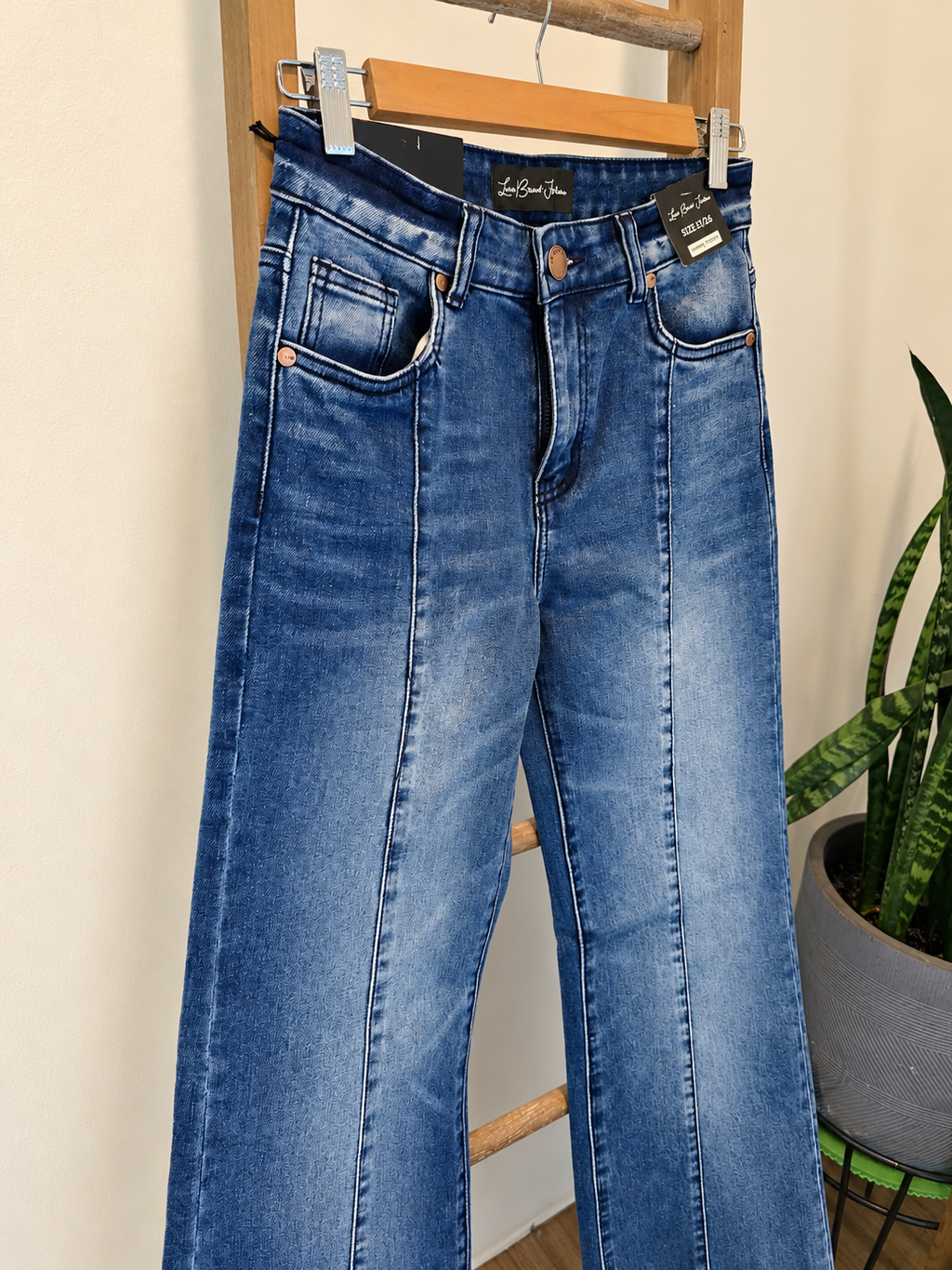 A pair of medium-wash blue denim jeans with front seam detailing, hanging on a wooden hanger against a beige wall with a potted snake plant in the background.