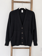 A black ribbed knit cardigan sweater with a V-neck, button closure, and front pockets, hanging on a white hanger against a white wall with a wooden ladder behind it.