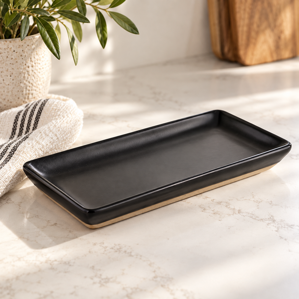 A rectangular black ceramic serving tray with a matte finish and a light beige glazed base, styled on a white marble countertop with a potted plant and a striped cloth nearby.