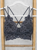 Charcoal scalloped floral lace bralette with adjustable straps and crisscross back