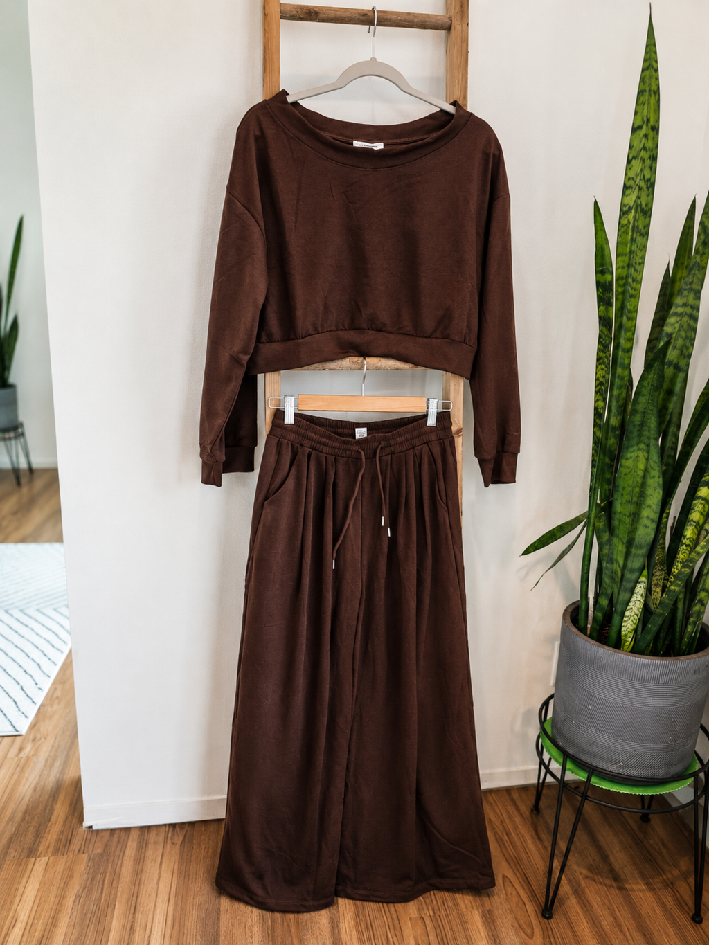A two-piece brown lounge set consisting of a cropped long-sleeve top and matching drawstring wide-leg pants, displayed on wooden hangers on a wooden ladder in an indoor setting with a snake plant.