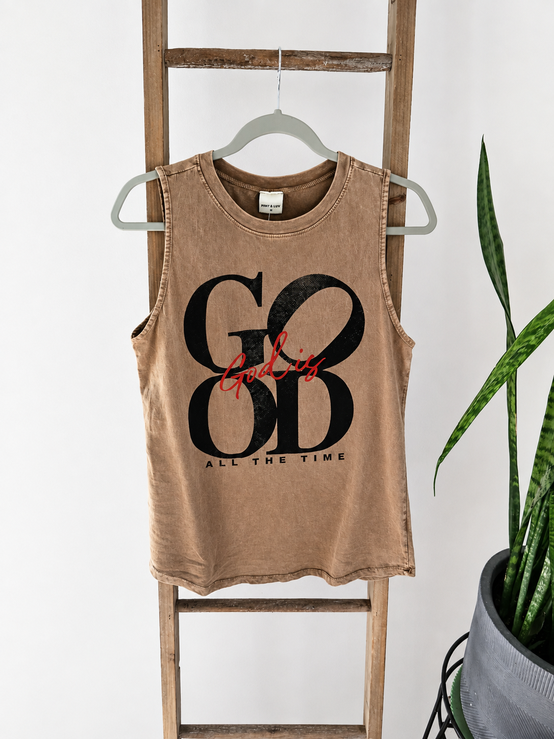 A brown sleeveless tank top with a distressed black and red graphic print hanging on a wooden hanger from a rustic wooden ladder, with a green snake plant in a gray pot on the right.