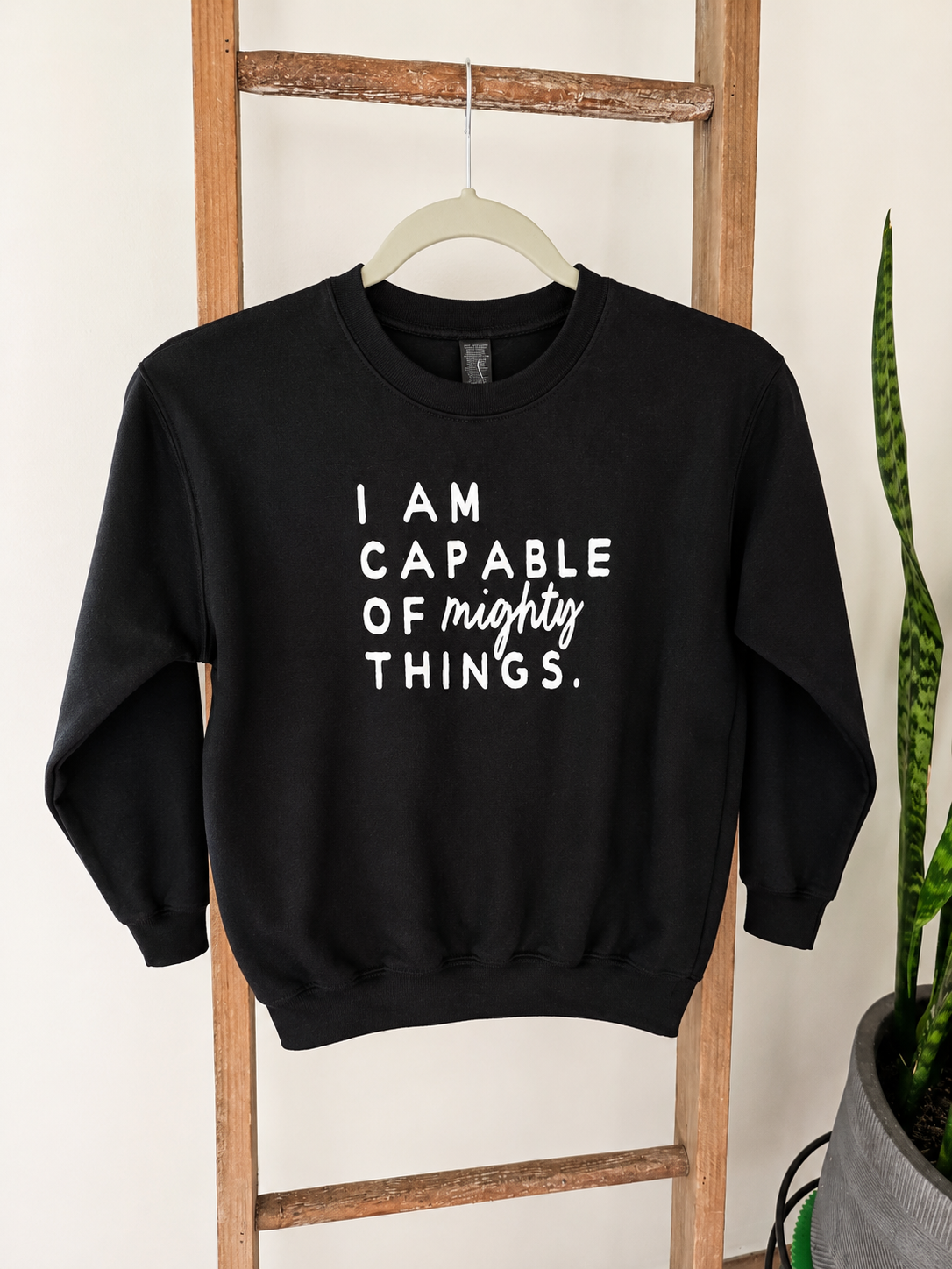 A black crewneck sweatshirt with white text reading 'I AM CAPABLE OF mighty THINGS.' hanging on a wooden hanger from a rustic wooden ladder, with a snake plant in a pot on the right.