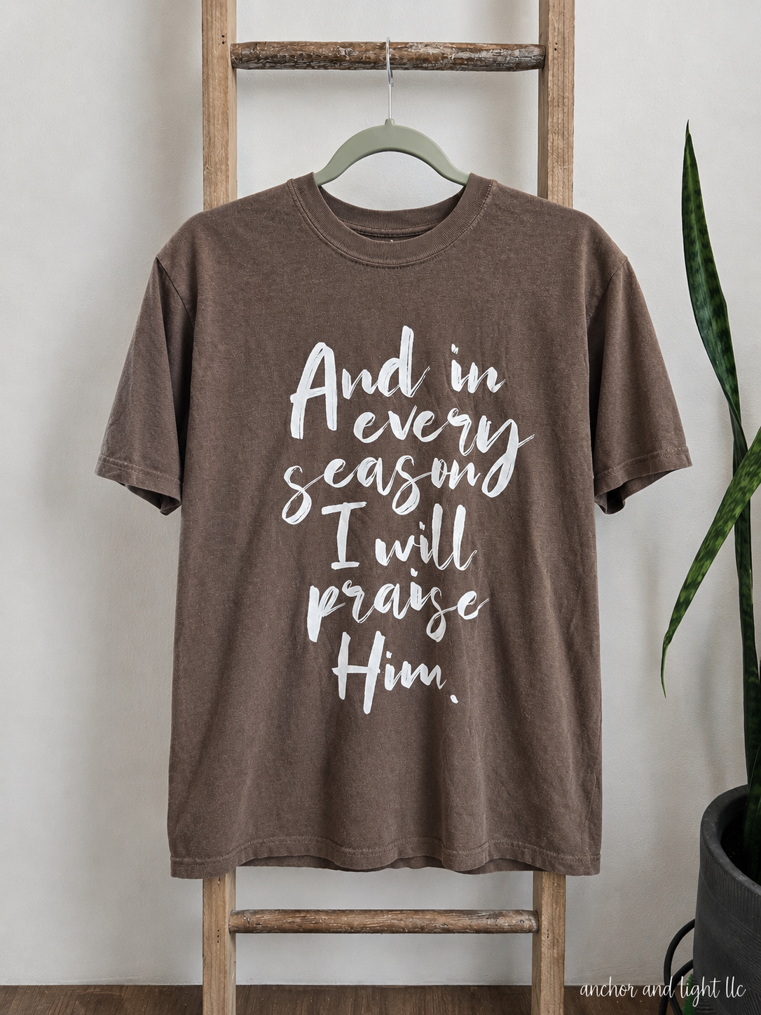 A brown short-sleeve t-shirt with white script text reading 'And in every season I will praise Him' hanging on a wooden ladder against a light wall, with a plant visible on the right.