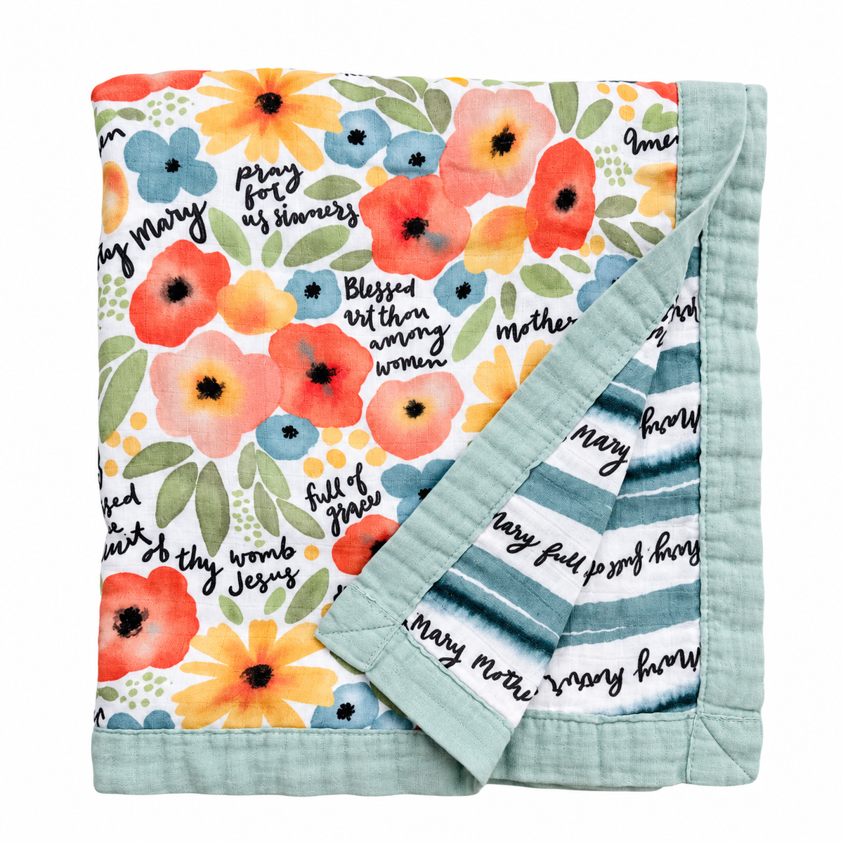 A folded baby blanket with a white background decorated with colorful floral patterns in red, orange, and blue, green leaves, and black script text. It features a solid sage green border and a matching sage green reverse side with white text.
