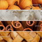 A four-panel ingredient collage for pumpkin spice pie crust, showing orange pumpkins labeled 'PUMPKIN,' vanilla ice cream labeled 'VANILLA,' cinnamon sticks labeled 'SPICE,' and a baked pie crust labeled 'PIE CRUST.'.