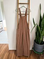 A pair of brown corduroy bib overalls hanging on a wooden ladder in a home setting, with a snake plant in a gray pot on a green stand to the right.