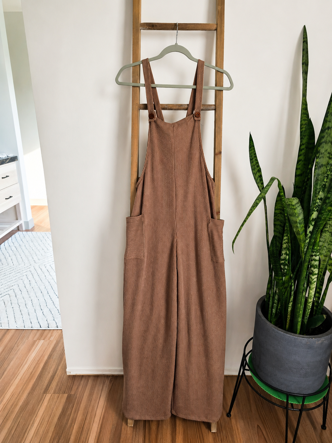 A pair of brown corduroy bib overalls hanging on a wooden ladder in a home setting, with a snake plant in a gray pot on a green stand to the right.
